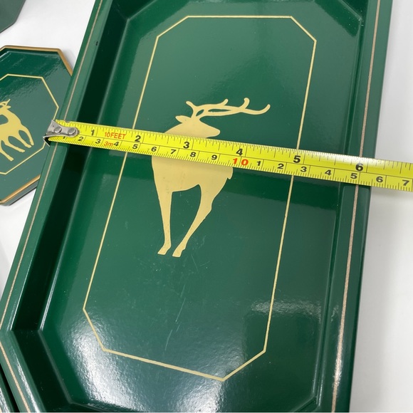 Vintage Serving Trays and Coasters Set Enesco Hunter Green Deer Made in Japan - Picture 14 of 16